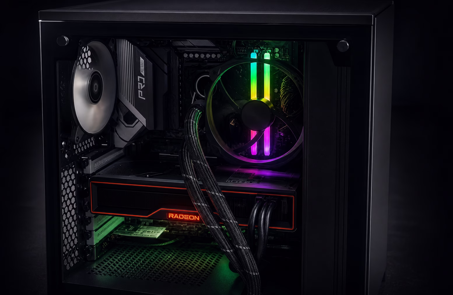 An assembled gaming PC with the case open