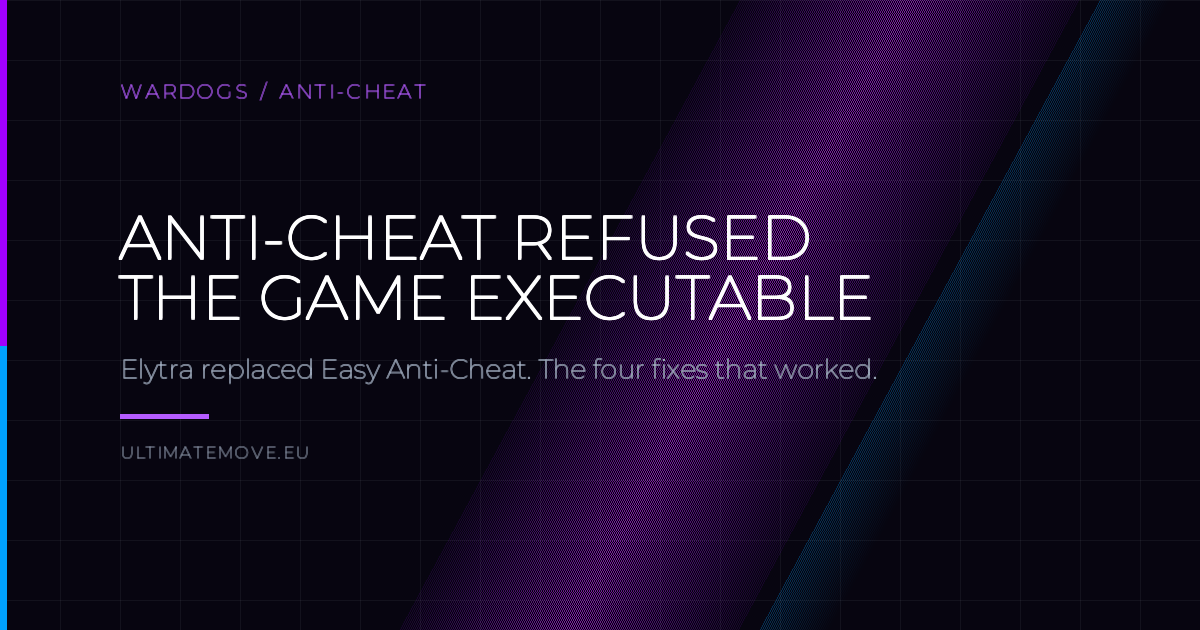 Dark UltimateMove banner reading anti-cheat refused the game executable, about the Elytra anti-cheat in WARDOGS