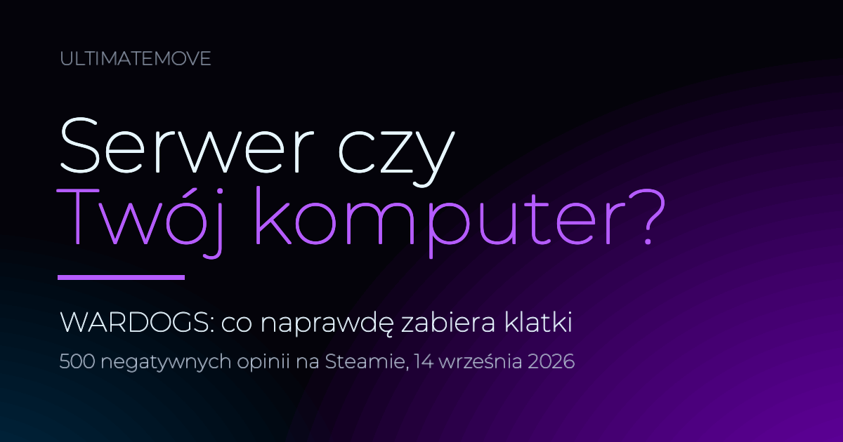 Ciemny baner UltimateMove z pytaniem, czy klatki w WARDOGS zabiera serwer czy Twoj komputer