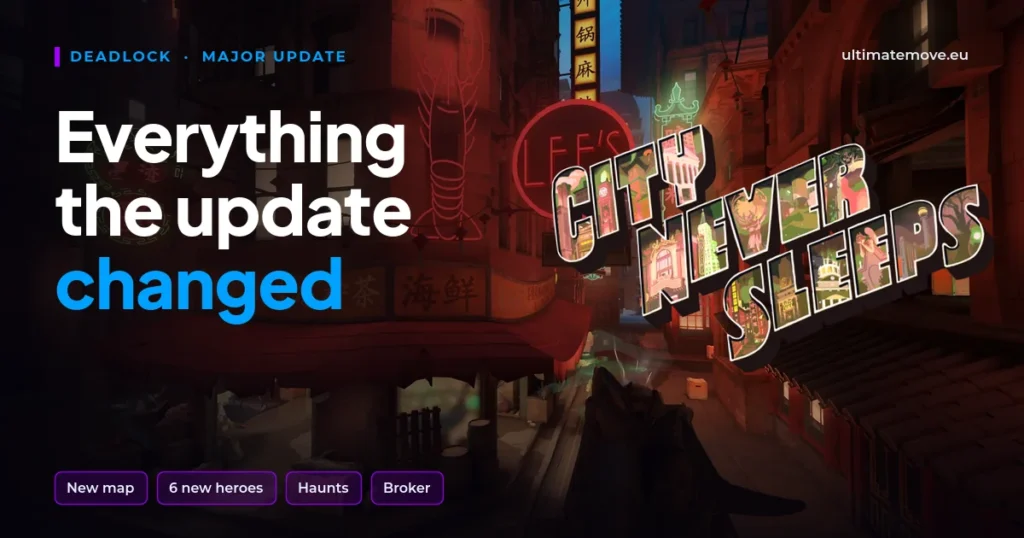 Deadlock City Never Sleeps: okładka z logo aktualizacji na tle Chinatown z nowej mapy
