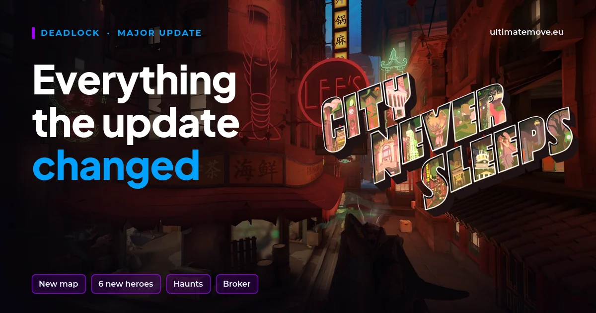 Deadlock City Never Sleeps: okładka z logo aktualizacji na tle Chinatown z nowej mapy